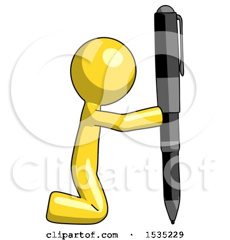 Yellow Design Mascot Man Posing with Giant Pen in Powerful yet Awkward Manner. by Leo Blanchette