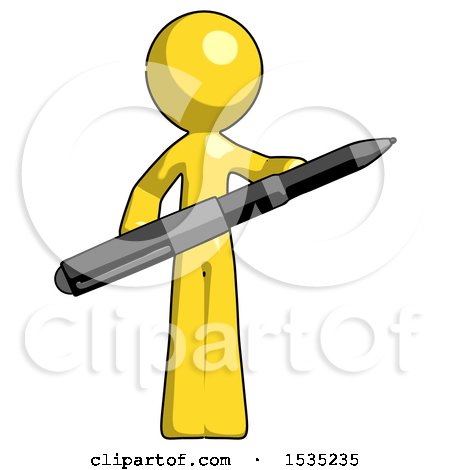 Yellow Design Mascot Man Posing Confidently with Giant Pen by Leo Blanchette