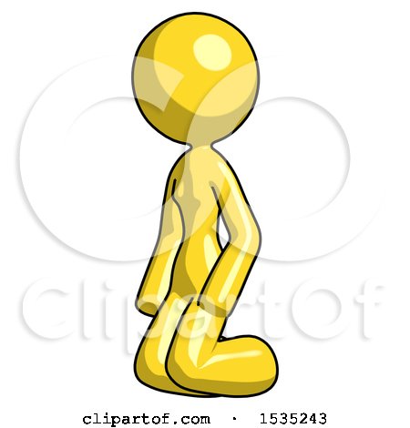 Yellow Design Mascot Woman Kneeling Angle View Left by Leo Blanchette