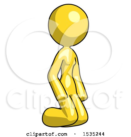 Yellow Design Mascot Woman Kneeling Angle View Right by Leo Blanchette