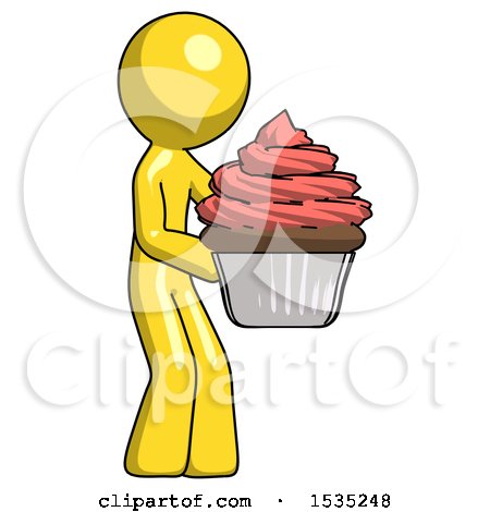 Yellow Design Mascot Man Holding Large Cupcake Ready to Eat or Serve by Leo Blanchette