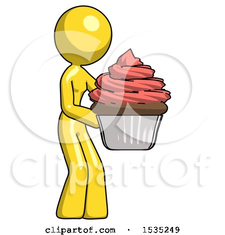 Yellow Design Mascot Woman Holding Large Cupcake Ready to Eat or Serve by Leo Blanchette