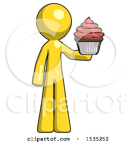 Yellow Design Mascot Man Presenting Pink Cupcake to Viewer by Leo Blanchette