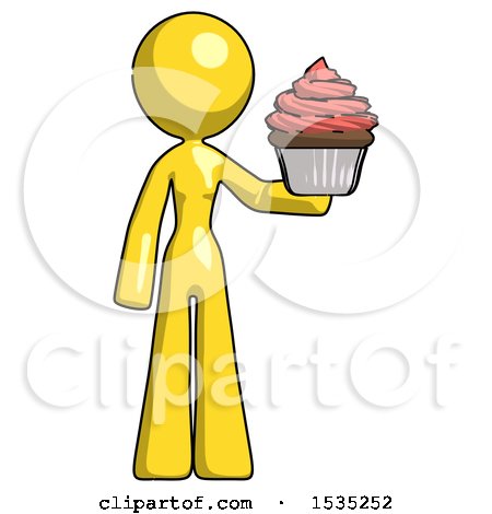 Yellow Design Mascot Woman Presenting Pink Cupcake to Viewer by Leo Blanchette