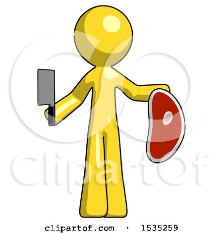 Yellow Design Mascot Man Holding Large Steak with Butcher Knife by Leo Blanchette