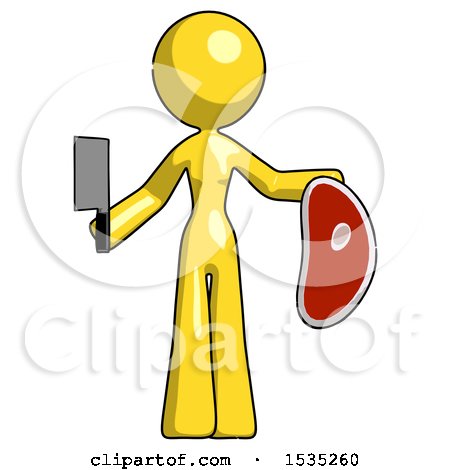 Yellow Design Mascot Woman Holding Large Steak with Butcher Knife by Leo Blanchette