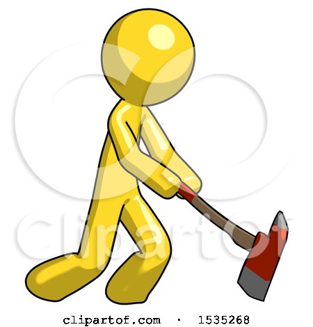 Yellow Design Mascot Man Striking with a Red Firefighter's Ax by Leo Blanchette