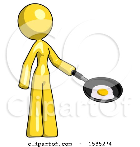 Yellow Design Mascot Woman Frying Egg in Pan or Wok Facing Right by Leo Blanchette