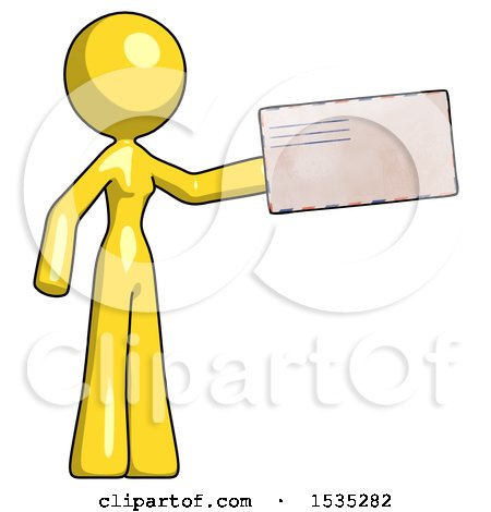 Yellow Design Mascot Woman Holding Large Envelope by Leo Blanchette