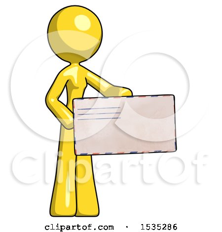 Yellow Design Mascot Woman Presenting Large Envelope by Leo Blanchette
