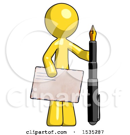 Yellow Design Mascot Man Holding Large Envelope and Calligraphy Pen by Leo Blanchette