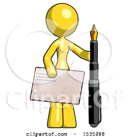 Yellow Design Mascot Woman Holding Large Envelope and Calligraphy Pen by Leo Blanchette