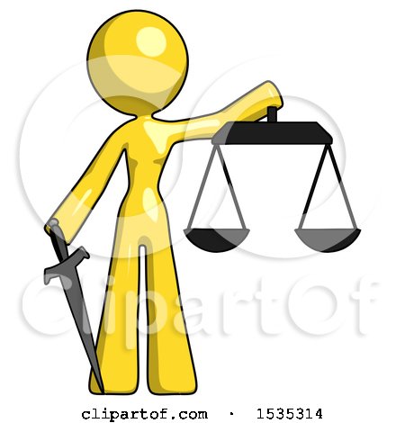 Yellow Design Mascot Woman Justice Concept with Scales and Sword, Justicia Derived by Leo Blanchette