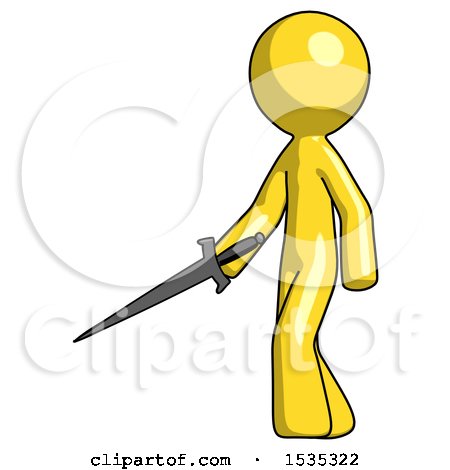 Yellow Design Mascot Man with Sword Walking Confidently by Leo Blanchette