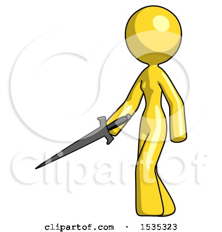 Yellow Design Mascot Woman with Sword Walking Confidently by Leo Blanchette
