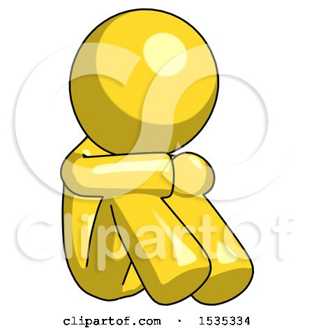 Yellow Design Mascot Man Sitting with Head down Facing Angle Right by Leo Blanchette