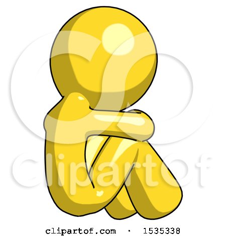 Yellow Design Mascot Man Sitting with Head down Back View Facing Right by Leo Blanchette