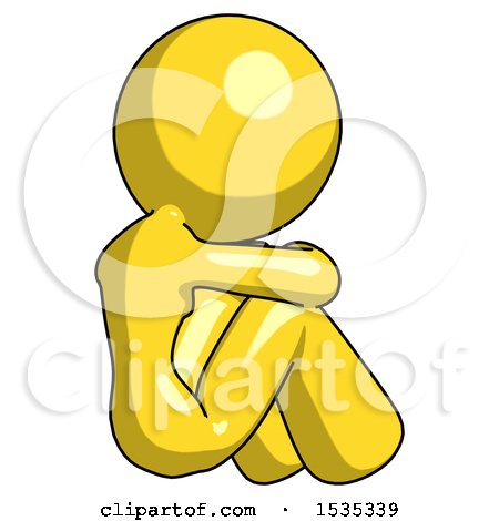 Yellow Design Mascot Woman Sitting with Head down Back View Facing Right by Leo Blanchette