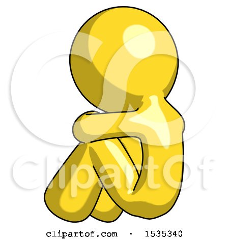 Yellow Design Mascot Man Sitting with Head down Back View Facing Left by Leo Blanchette