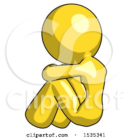 Yellow Design Mascot Woman Sitting with Head down Back View Facing Left by Leo Blanchette