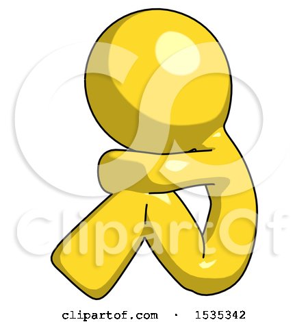 Yellow Design Mascot Man Sitting with Head down Facing Sideways Left by Leo Blanchette