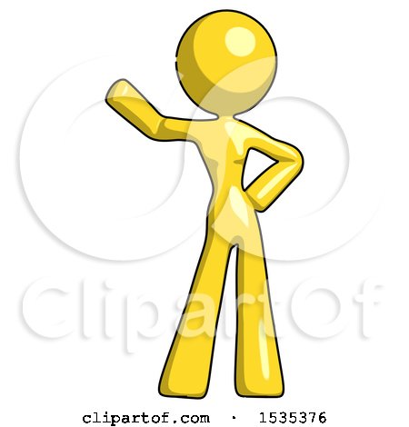 Yellow Design Mascot Woman Waving Right Arm with Hand on Hip by Leo Blanchette