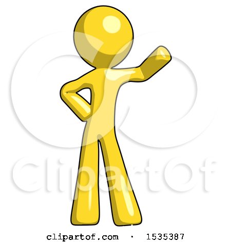 Yellow Design Mascot Man Waving Left Arm with Hand on Hip by Leo Blanchette