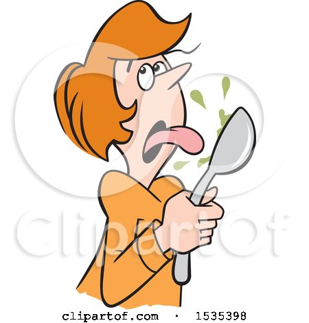 Clipart of a Cartoon White Woman Licking Something Bad from a Spoon - Royalty Free Vector Illustration by Johnny Sajem