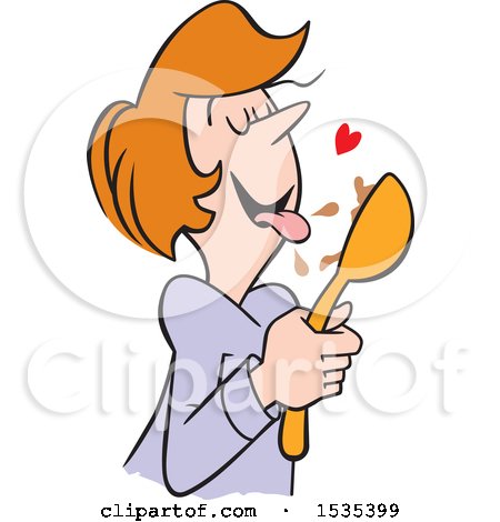 Clipart of a Cartoon White Woman Licking Chocolate Batter from a Spoon - Royalty Free Vector Illustration by Johnny Sajem