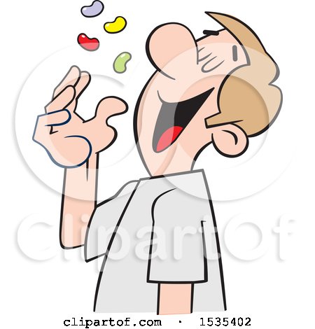 Clipart of a Cartoon White Man Tossing Jelly Beans into His Mouth - Royalty Free Vector Illustration by Johnny Sajem