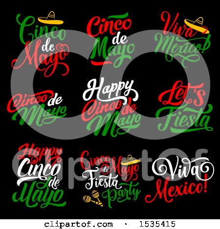 Clipart of Green Red and White Cinco De Mayo Text Designs on Black - Royalty Free Vector Illustration by Vector Tradition SM
