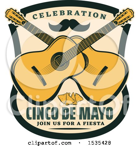 Clipart of a Retro Styled Cinco De Mayo Design with a Mustache, Guitars and Tortilla Chips - Royalty Free Vector Illustration by Vector Tradition SM