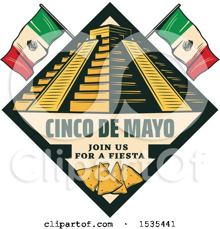 Clipart of a Retro Styled Cinco De Mayo Design with El Castillo Pyramid, Flags and Tortilla Chips - Royalty Free Vector Illustration by Vector Tradition SM