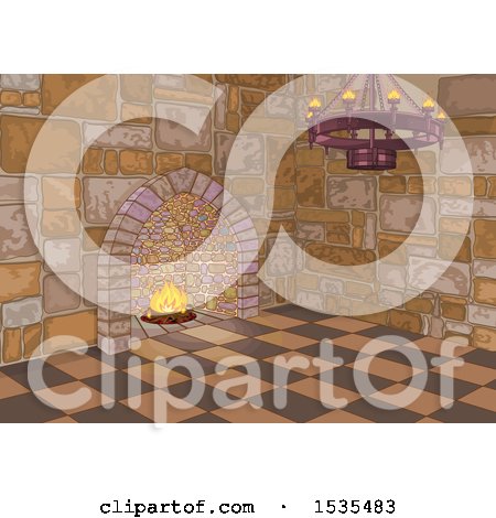 Clipart of a Medieval Castle Interior with a Chandelier and Fireplace - Royalty Free Vector Illustration by Pushkin
