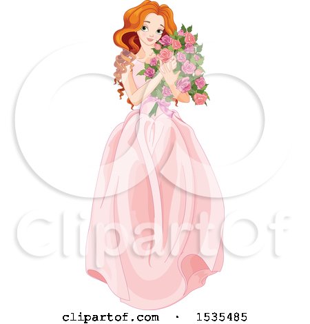Clipart of a Red Haired Young Woman Holding a Bouquet of Roses - Royalty Free Vector Illustration by Pushkin