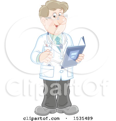 Clipart of a Friendly Caucasian Male Doctor Holding a Folder and Talking - Royalty Free Vector Illustration by Alex Bannykh
