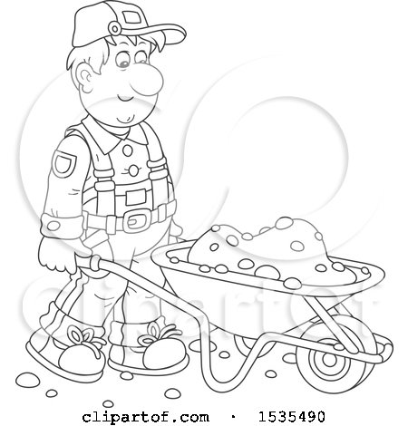 Clipart of a Black and White Male Worker Pushing a Wheelbarrow - Royalty Free Vector Illustration by Alex Bannykh