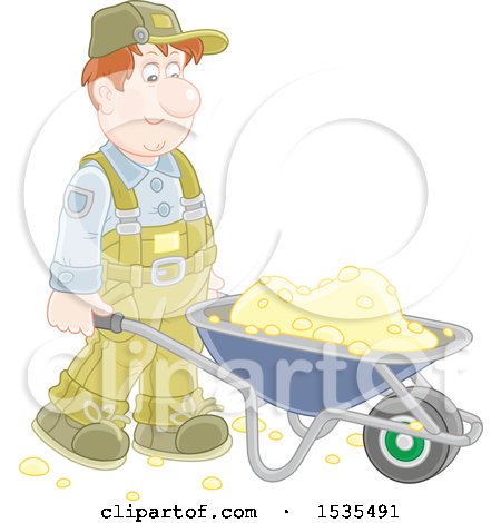 Clipart of a White Male Worker Pushing a Wheelbarrow - Royalty Free Vector Illustration by Alex Bannykh