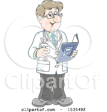 Clipart of a Friendly White Male Doctor Holding a Folder and Talking - Royalty Free Vector Illustration by Alex Bannykh
