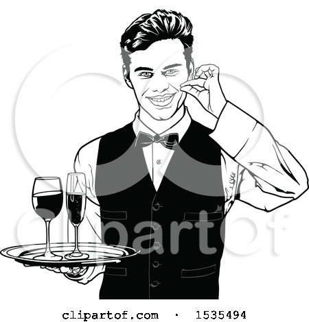 Clipart of a Male Waiter Holding a Wine Tray - Royalty Free Vector Illustration by dero