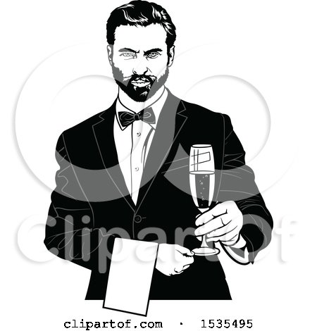 Clipart of a Male Waiter Holding a Wine Glass - Royalty Free Vector Illustration by dero