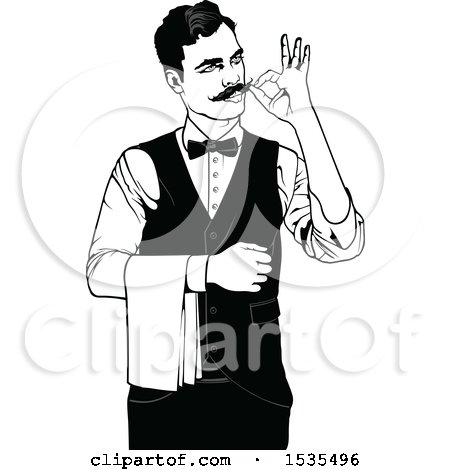 Clipart of a Male Waiter Gesturing Perfect or Adjusting His Mustache - Royalty Free Vector Illustration by dero