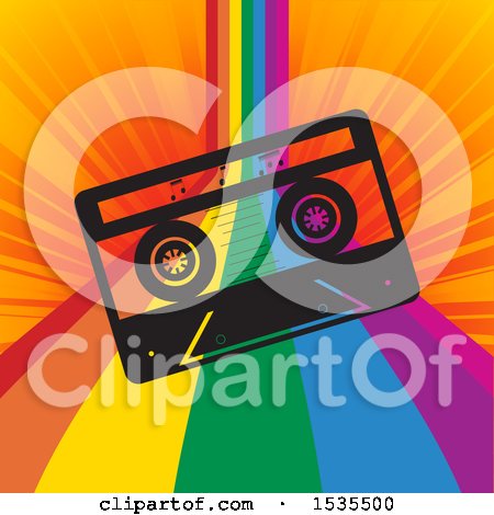 Clipart of a Cassette Tape over a Rainbow Curve on Orange Rays - Royalty Free Vector Illustration by elaineitalia