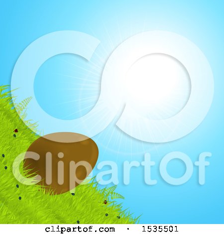 Clipart of a Tilted Chocolate Easter Egg Rolling down a Grassy Hill Against a Sunny Sky - Royalty Free Vector Illustration by elaineitalia