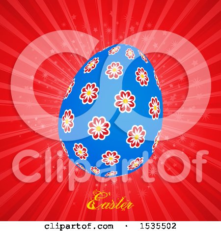 Clipart of a Floral Egg and Easter Text on Red Rays - Royalty Free Vector Illustration by elaineitalia