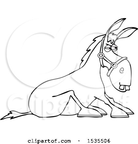Clipart of a Cartoon Lineart Stubborn Donkey Refusing to Get up - Royalty Free Vector Illustration by djart