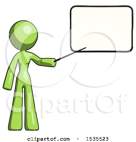 Green Design Mascot Woman Pointing at Dry-erase Board with Stick Giving Presentation by Leo Blanchette
