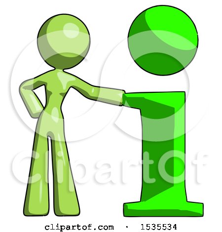 Green Design Mascot Woman with Info Symbol Leaning up Against It by Leo Blanchette