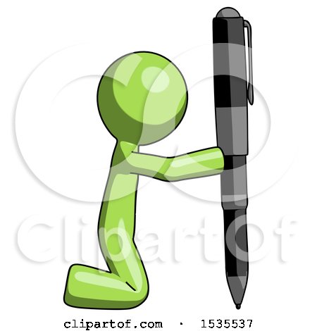 Green Design Mascot Man Posing with Giant Pen in Powerful yet Awkward Manner. by Leo Blanchette