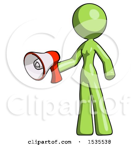 Green Design Mascot Woman Holding Megaphone Bullhorn Facing Right by Leo Blanchette